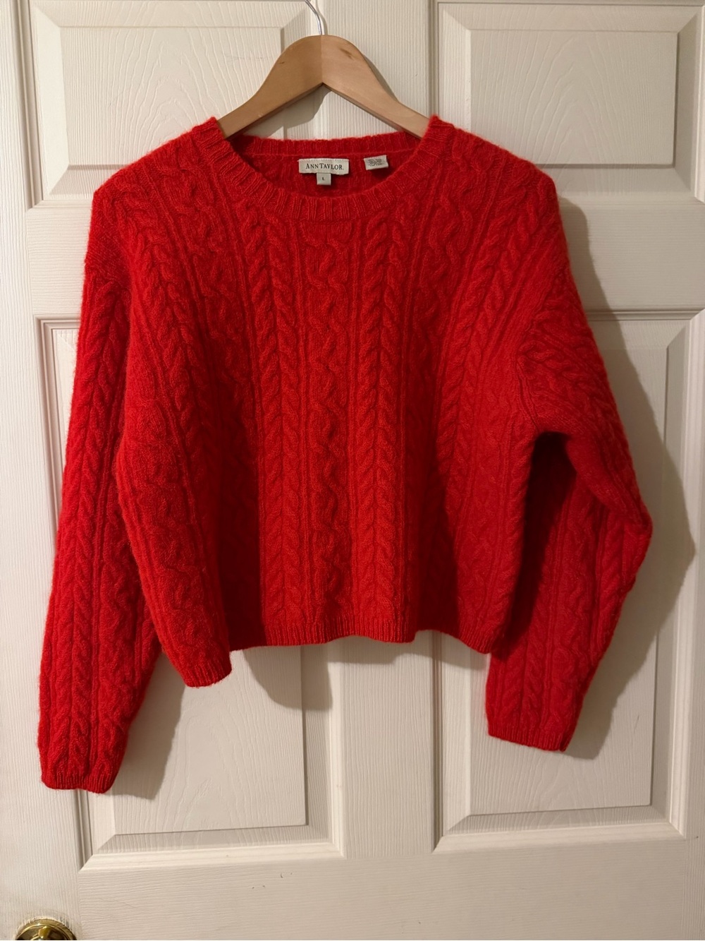 Ann Taylor Vivid Red Cable-Knit Crewneck Sweater